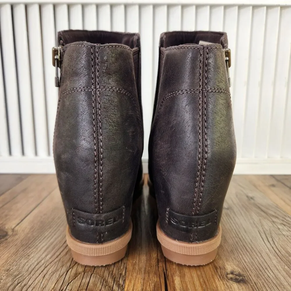Sorel Joan of Arctic Wedge II Zip Boots Womens Size 10 Brown Leather Hidden Heel